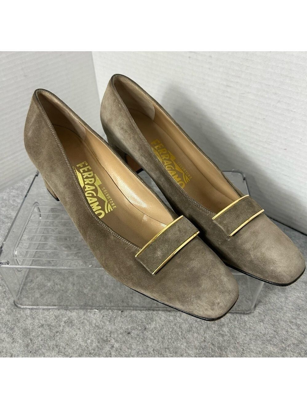 Salvatore Ferragamo Suede Gold Buckle Accent Pumps Taupe Sz 7.5AA